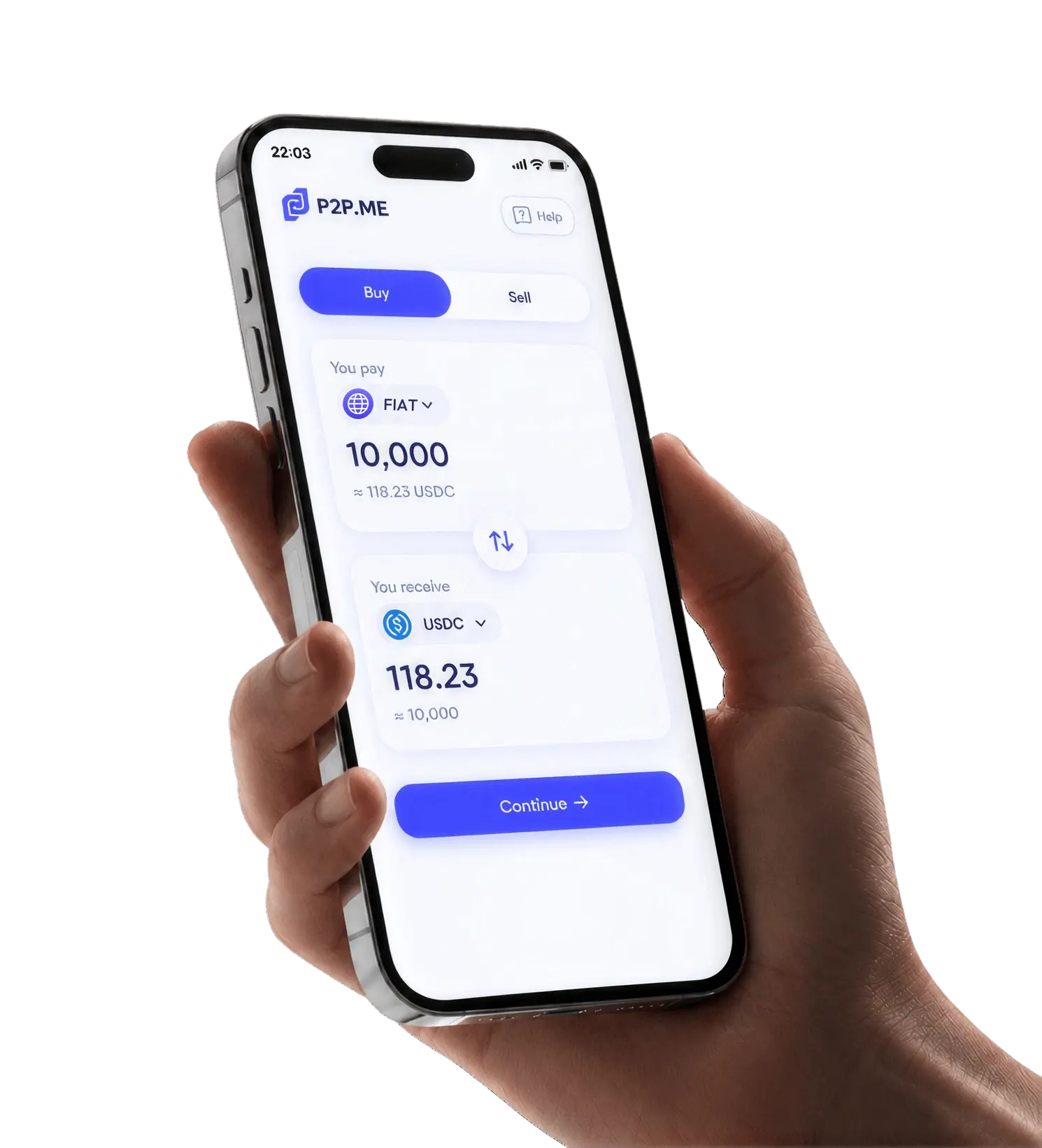 P2P.me app showing a swap from local currency to USDC